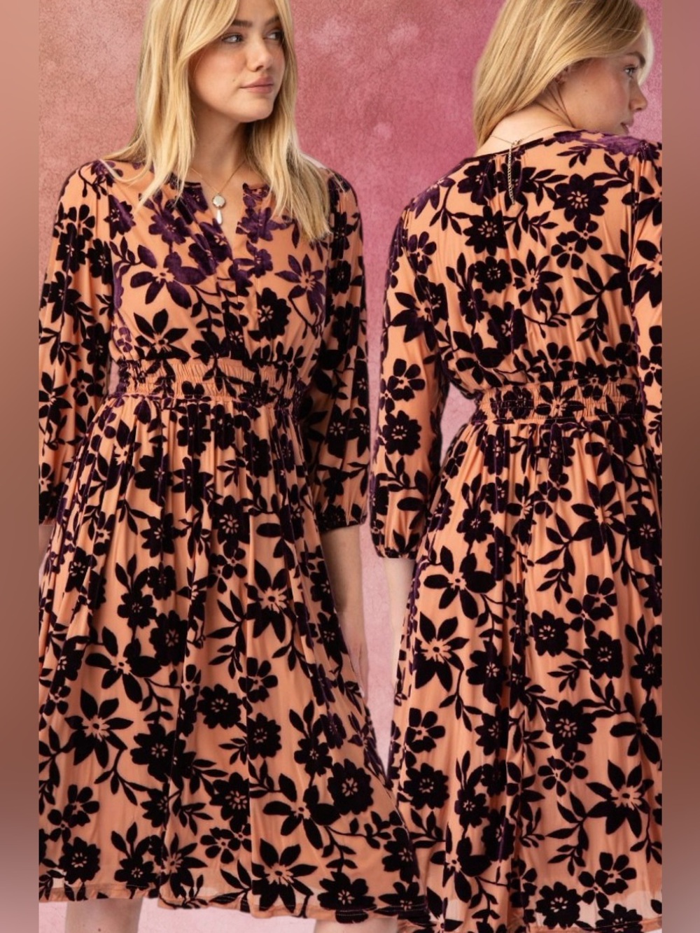Easel Imogen Winter Bloom Floral Midi Dress Rust Plum Holiday Autumn New Large